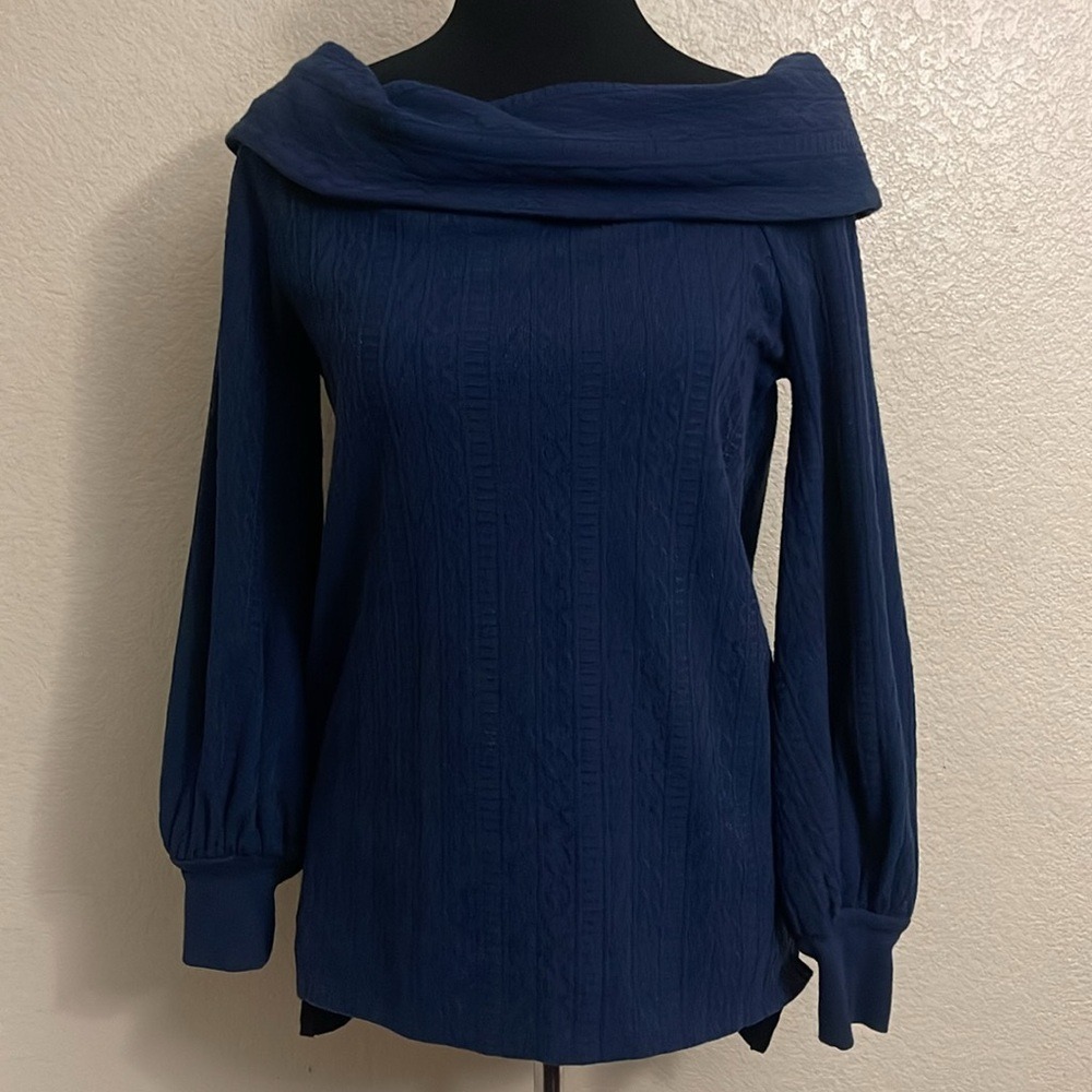 Anthropologie Navy Blue Cable Knit Off Shoulder Balloon Sleeve Top XS